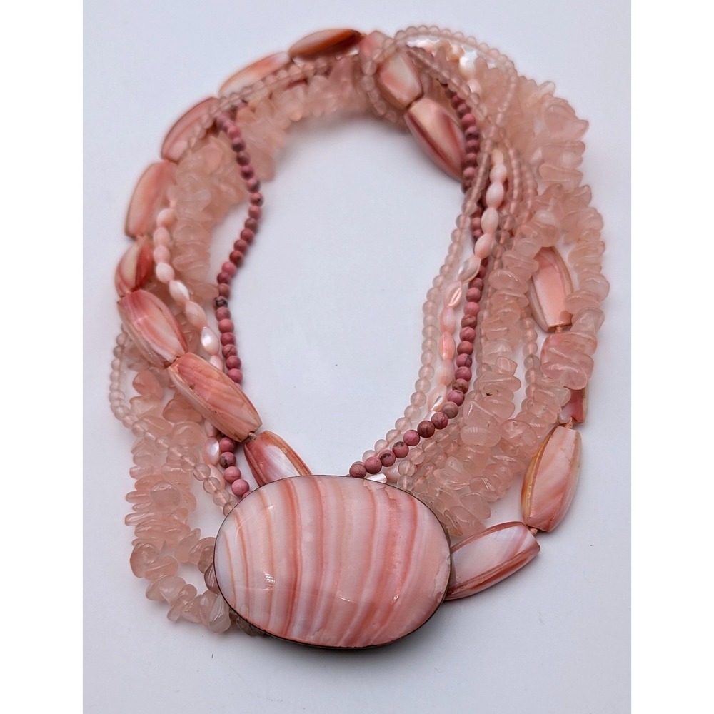 Pink Rose Quartz and Shell Multi-Strand Statement Necklace Boho Layered Beaded